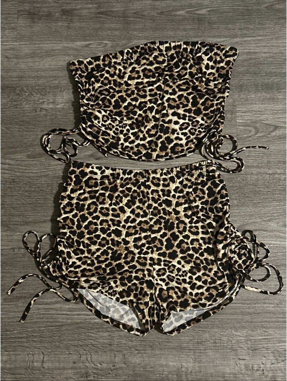 Yellow Cabbage  Black & Brown Leopard Tube Top Halter shorts Set  L Top M Bottom